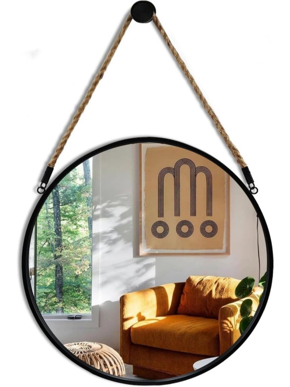 15” Round Hanging Mirror with Jute Rope - Boho Circle Wall Decor for Home